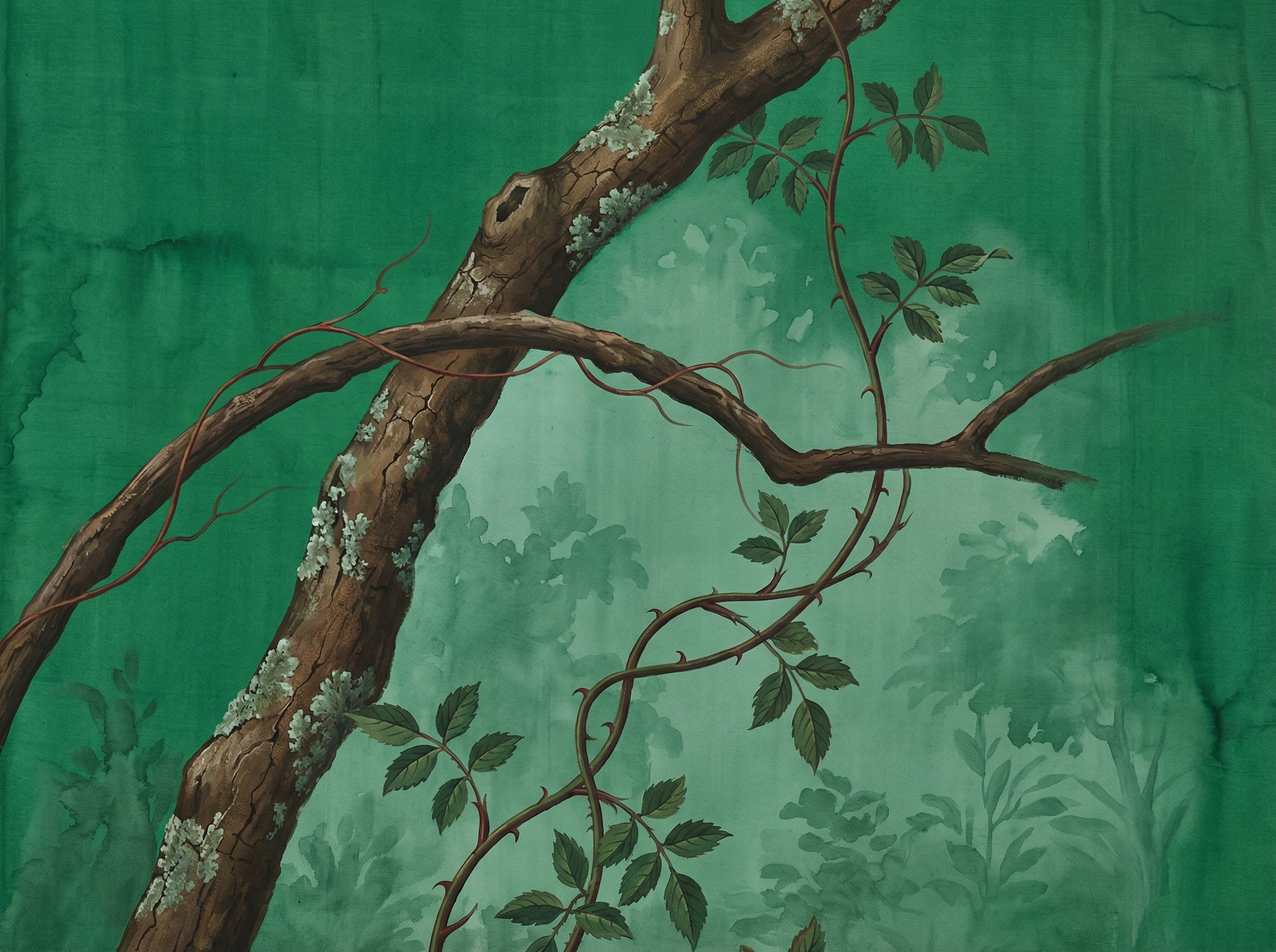 Emerald garden base layer — atmospheric emerald ground with soft branches and foliage emerging from mist