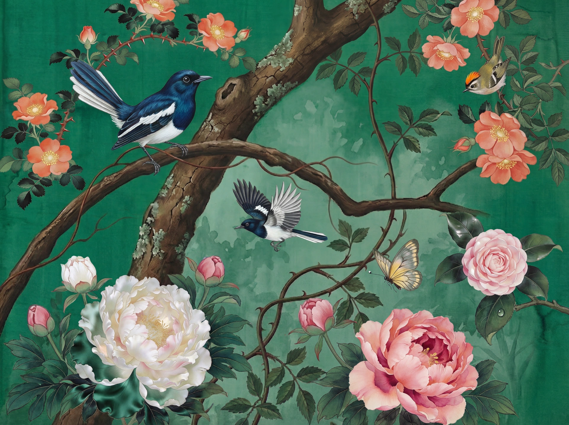 Emerald chinoiserie garden mural — magpie robins perched on ancient branches among coral peonies and climbing roses on a rich emerald silk ground