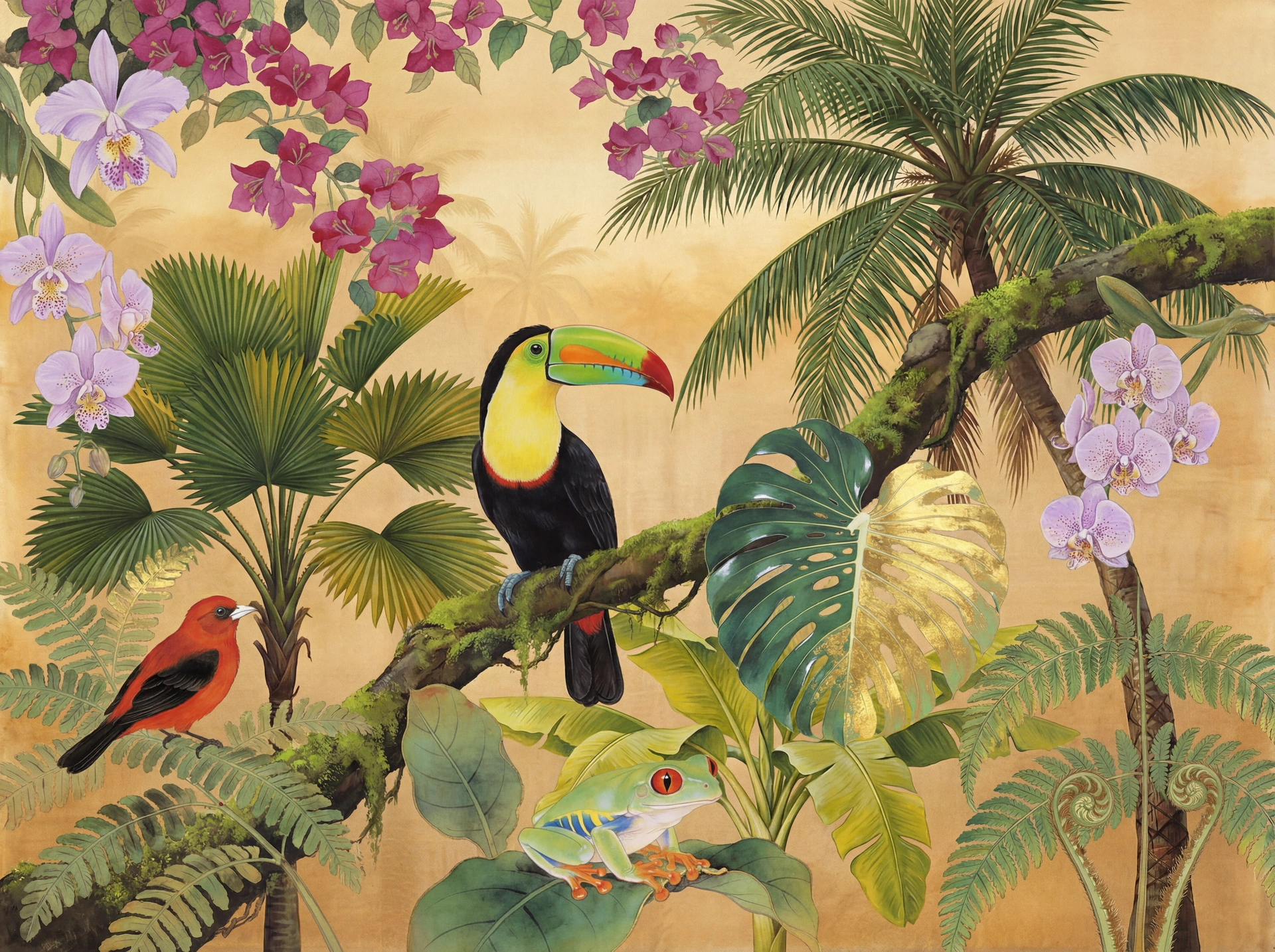 Gold Paradise — toucan, scarlet tanager, tree frog among monstera and orchids on burnished gold ground