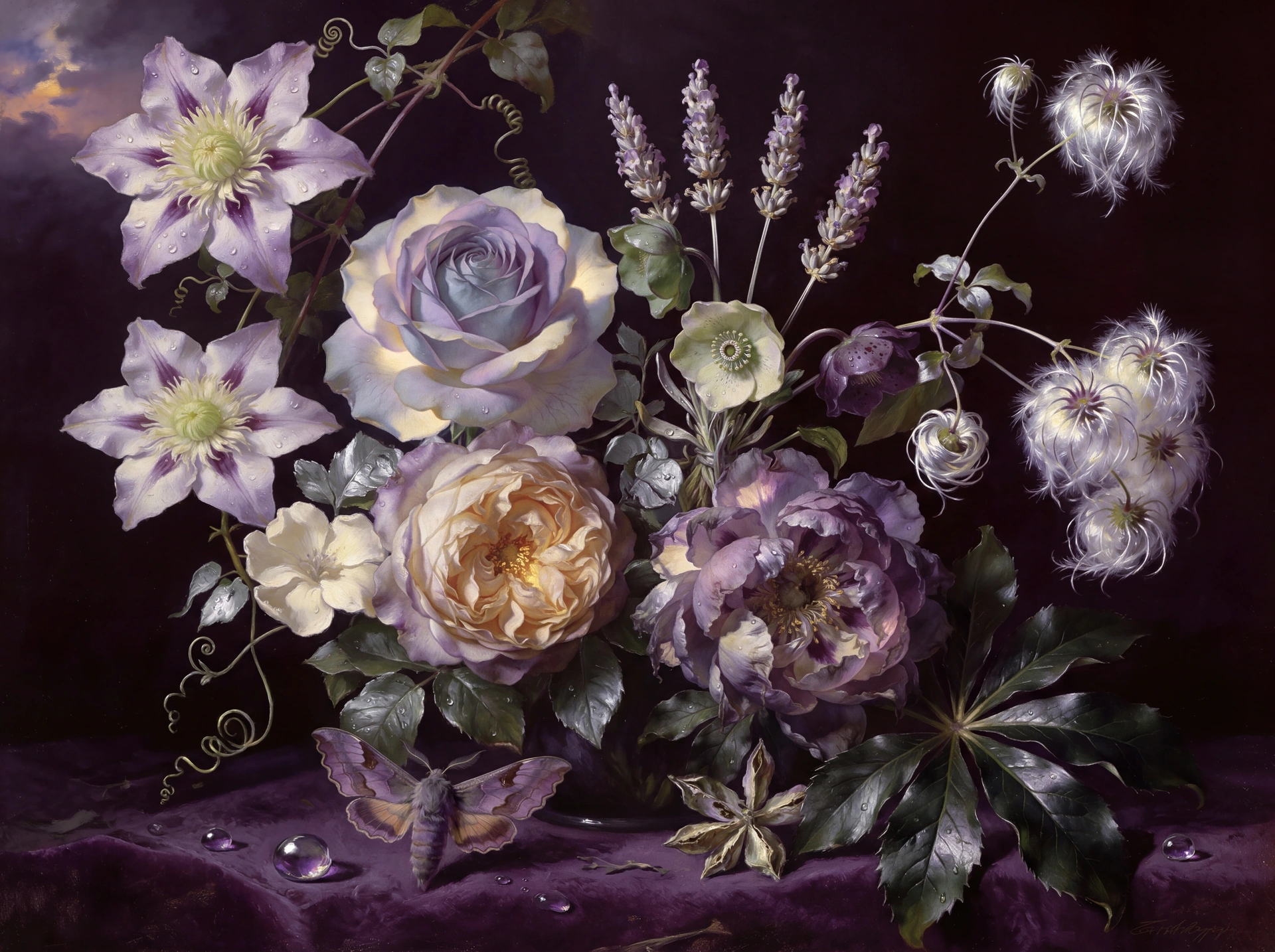 Plum Shadow — lavender roses, clematis, and butterfly on deep plum velvet ground