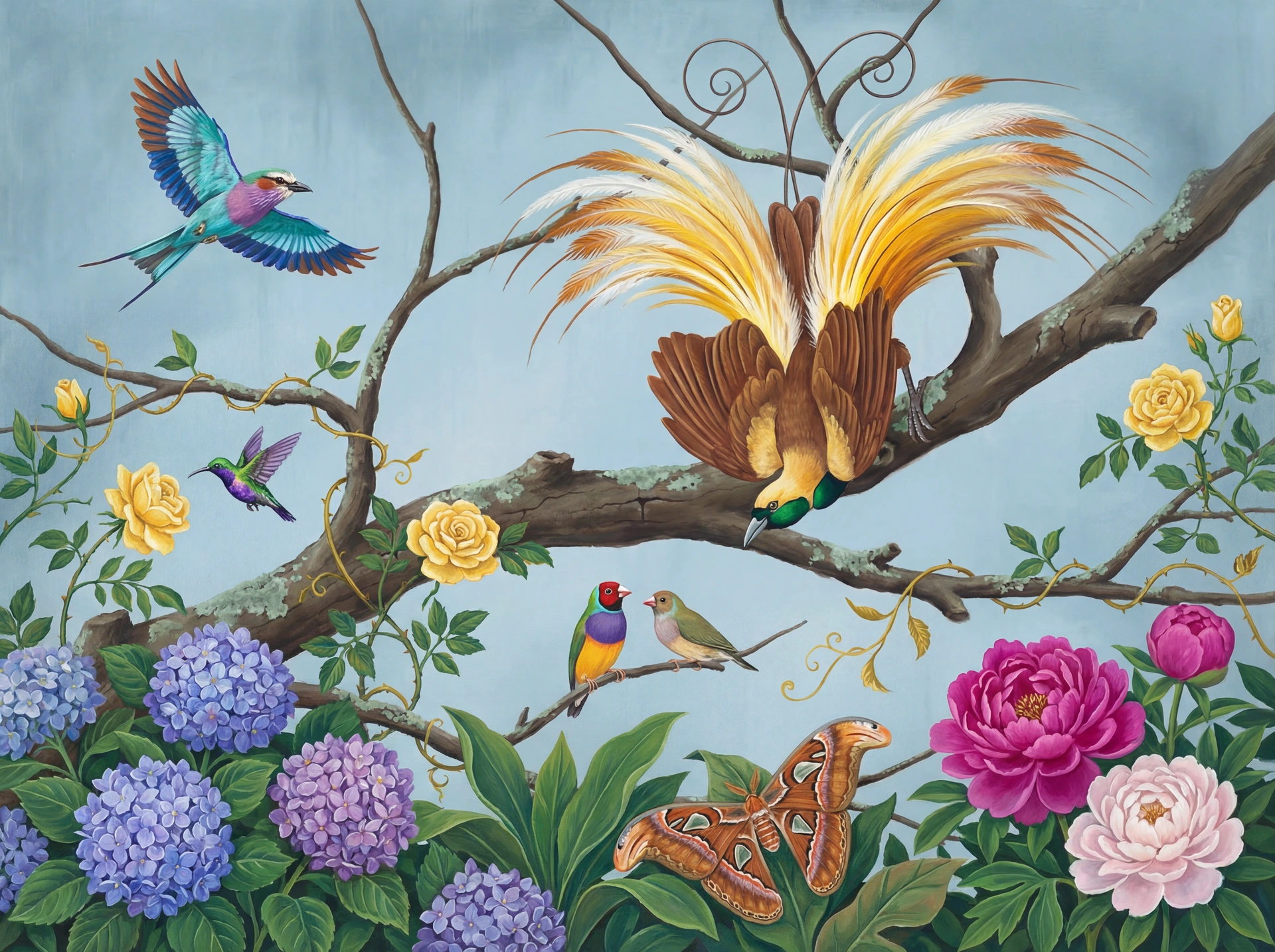 Powder Blue Aviary mural — bird of paradise displaying, Gouldian finch, hummingbird, atlas moth among hydrangeas and peonies on soft blue silk