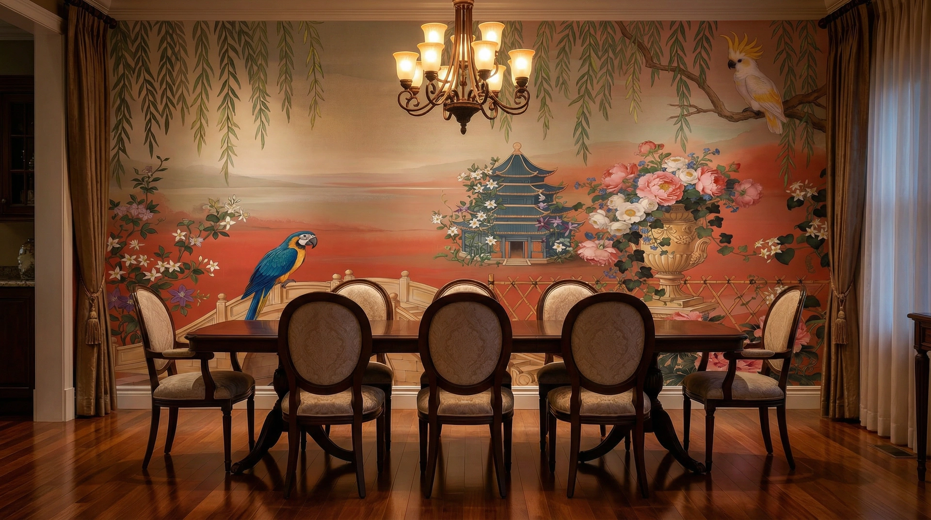 Coral Salon mural in a dining room