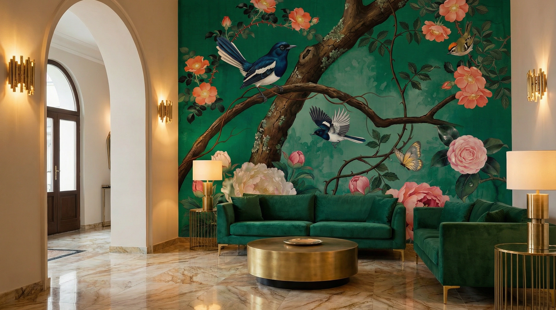 Emerald Garden chinoiserie mural in a boutique hotel lobby