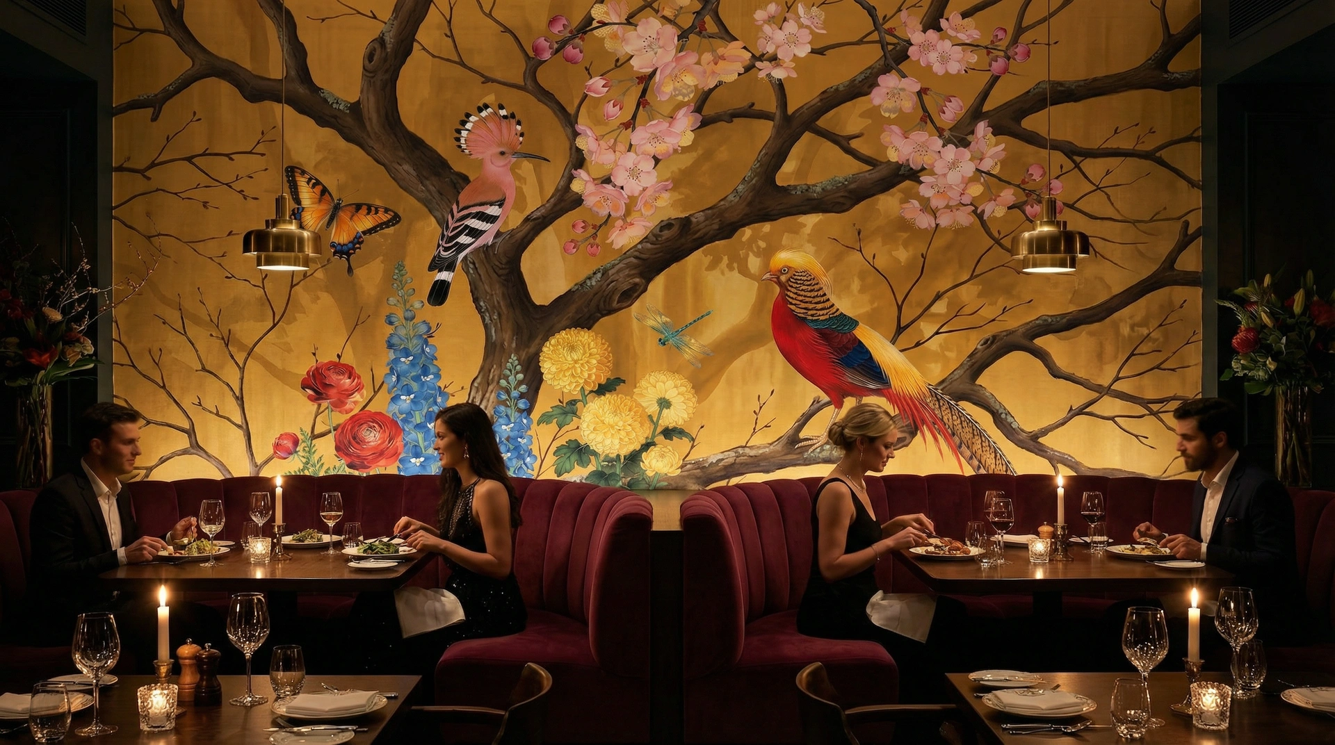 Saffron Palace mural in an upscale restaurant with candlelit burgundy banquettes