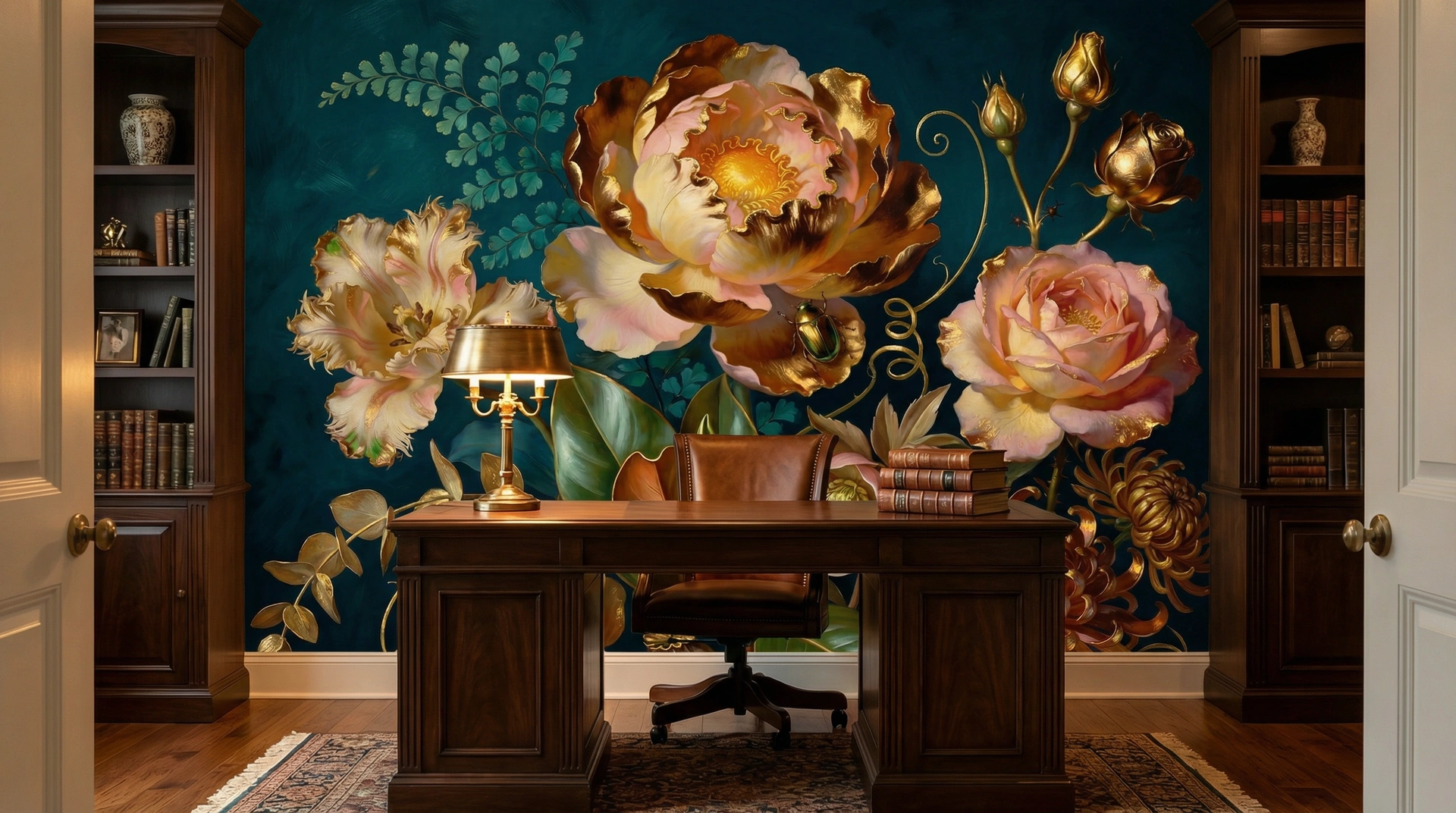 Teal Opulence mural in a home study
