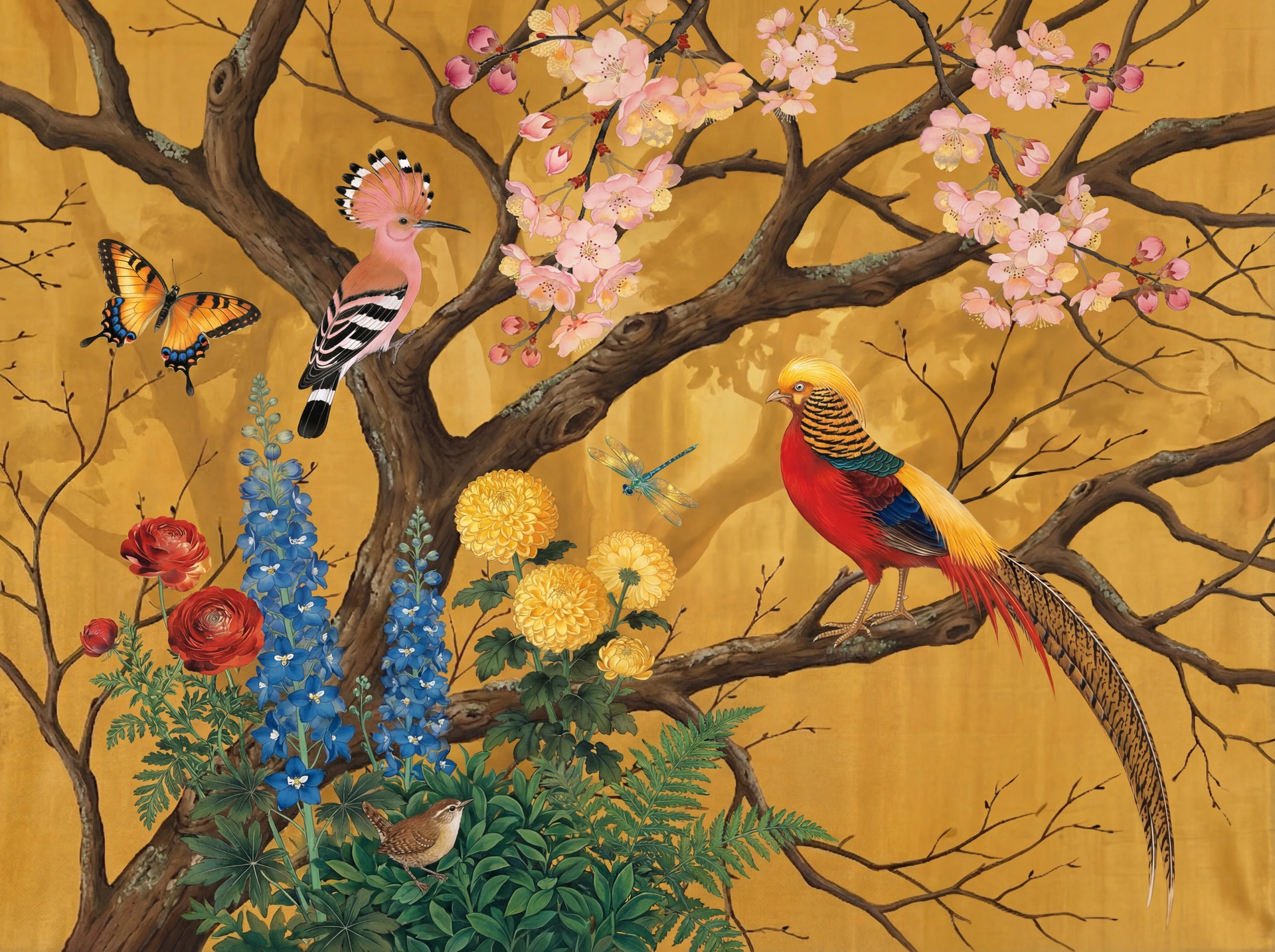 Saffron Palace mural — hoopoe bird and golden pheasant among cherry blossoms, blue delphiniums, and chrysanthemums on a rich gold silk ground