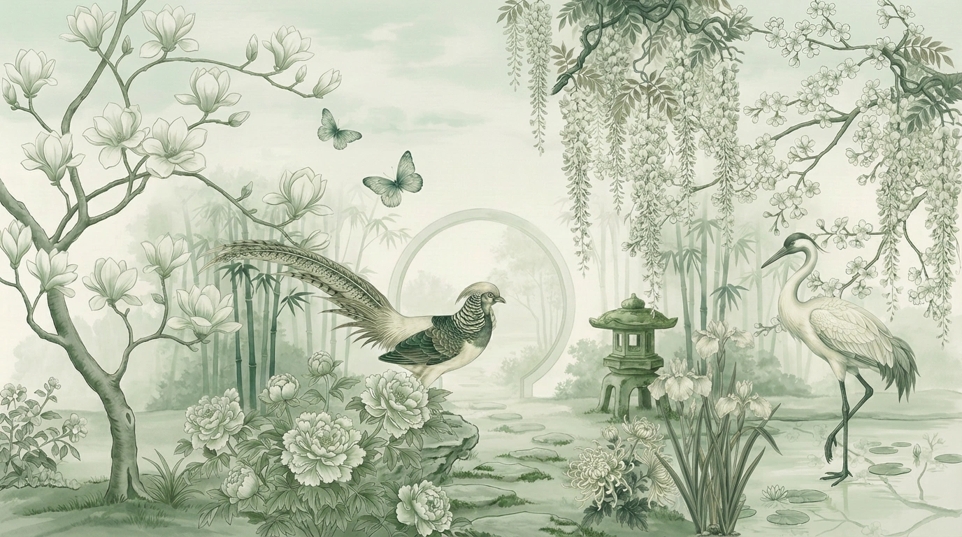 Chinoiserie garden mural — a green monochromatic scenic with golden pheasant, crane, magnolia blossoms, wisteria, bamboo grove, stone lantern, and moon gate